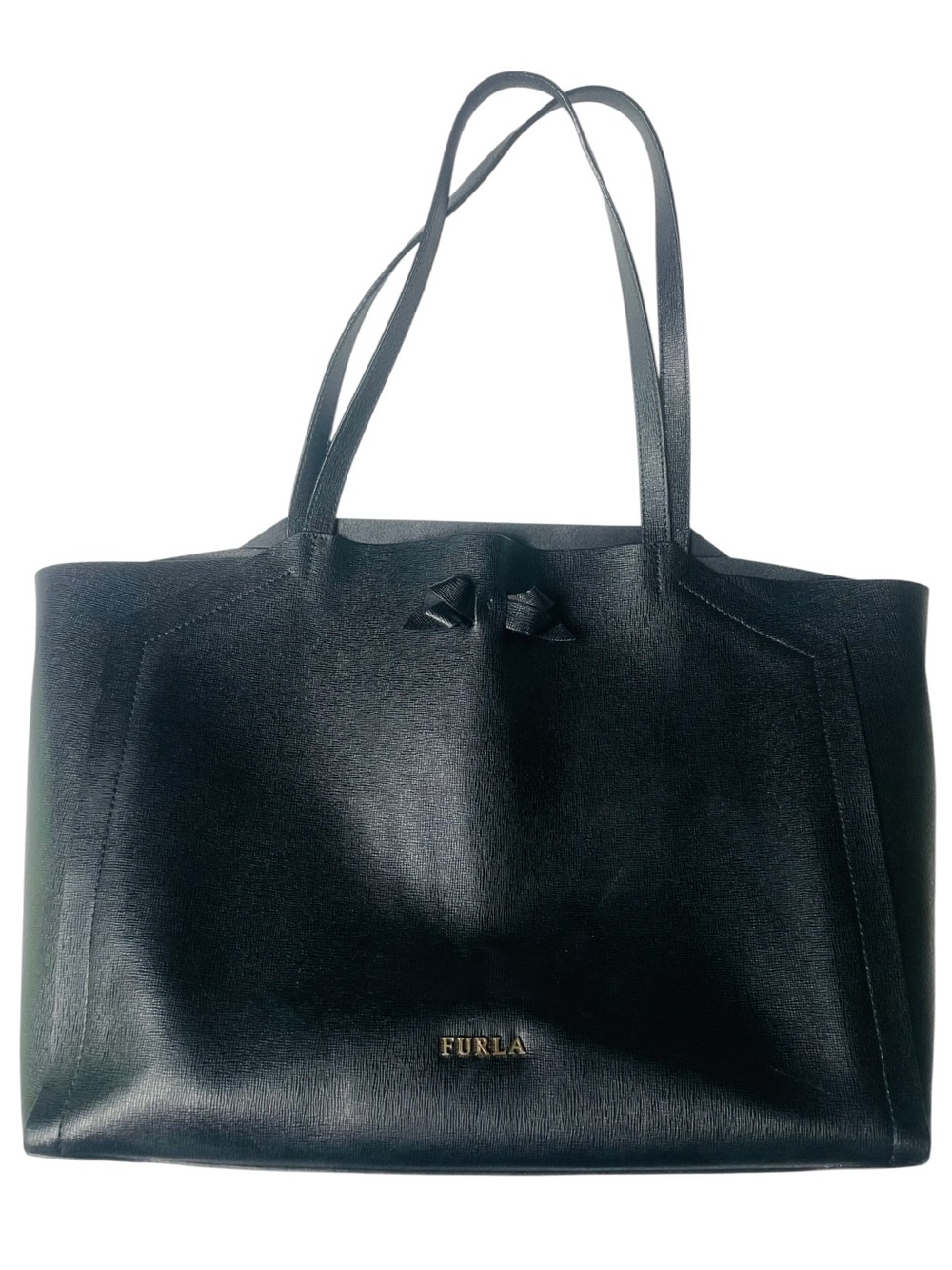 Furla Black Leather Tote with Gold Logo